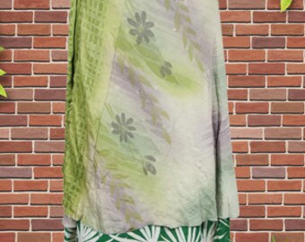 Womens Midi Wrap Skirt, Vintage Sari Skirt, Beach Wear Reversible 2 Layer Skirts, Green Floral Printed Summer Wrap Skirts One Size
