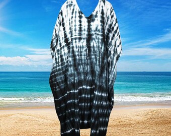 Womens Boho Beach Maxi kaftan, Black & white Tie dye Maxidress Caftan, Resort Wear, Cruise, Lounge wear, L-3XL