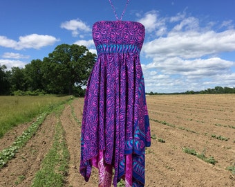 Women's Floral Halter Dress, Blue Pink Bohemian Recycled Summer Travel 2 Layer Beach Sundress S/M