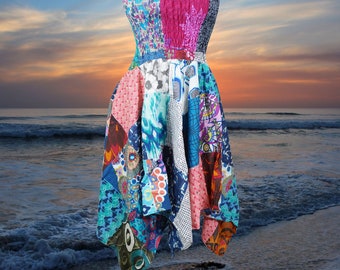 Womans Cotton Hanky Skirt, Boho Beach Dress, Asymmetric Hem Patchwork Skirt Dress S/M