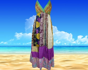 Womens Upcycle Silk Maxi Dress, Beach Maxidress, Flowy Dresses, Purple Bohemian Strapdress, Fall Fashion Handmade Dresses S/M