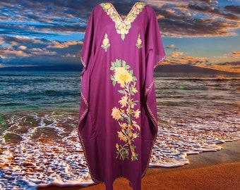 Womens Caftan Maxi Dress, Handmade Purple Floral Embroidered Kimono Dress, Cover Up Abaya Loose Stylish Maxi Kaftan Dresses One size L-2XL