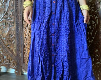 Women's Maxi Skirt, Blue Embroidered Skirt, Summer Fashion Button Down Bohemian Gypsy Skirts SM