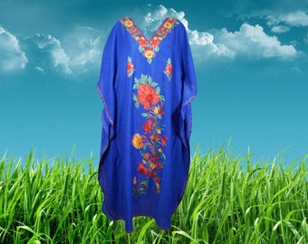 Womens Loose Kaftan Maxi Dresses, Luxury Cotton Hand Embroidered Caftan Dress, Blue kaftan abaya long dress L-2XL One Size