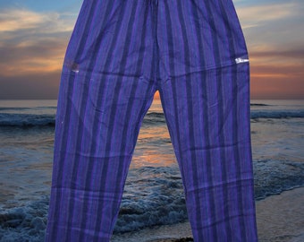 Blue Stripe Loose Comfy Meditation Summer Pajama, Boho Hippy Pant Unisex Cotton Yoga Pants  S/M