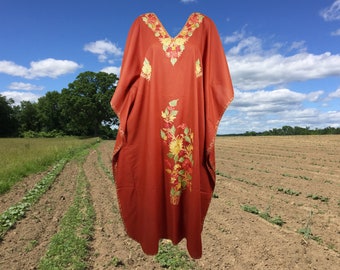 Women's Kaftan Maxi Dress, GIFT, Orange Boho Maxi Dress, Lounger, Cotton Floral Embroidered Caftans, Plus size L-2XL One Size