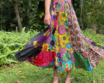 Women Maxi Skirt, Strapless Dresses Green Purple Floral Printed Dress, Summer Beach skirt, Recycled Sari Dresses S/M