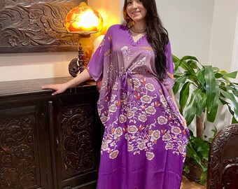 Womens Maxi Kaftan Dress, Purple Floral Printed Maxi Dress, Kimono Sleeves, Loose Comfy Resort Wear, Beach Cover Up L-2XL One size