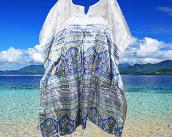 Womens Caftan Dress, Summer White Blue Print, Resort Wear, Floral Beach Cover Up, Flowy Dress, Housedress, Coverup S/M/L