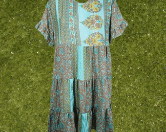Turquoise Floral Dress, Cocktail Dress, Summer Printed Dress, Recycle Silk, Beach Short Dresses for Women - Boho Daydress, M