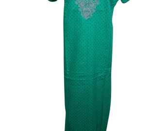Green Cotton Long Caftan Dress Short Sleeves Printed Sleepwear Nightgown Evening Dress Kaftan L