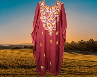 Bohemian Maxi kaftan dress, Kimono sleeve caftan, Chic embroidered caftan, Ruby Red cotton, Maxi Kaftan Dresses One size ,L-2XL