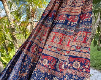 Womens Hippie Maxi Skirt, Flared Skirt, Boho Chic Cotton Skirt, Colorful Blue Animal Print Lush Long Beach Skirts S/M