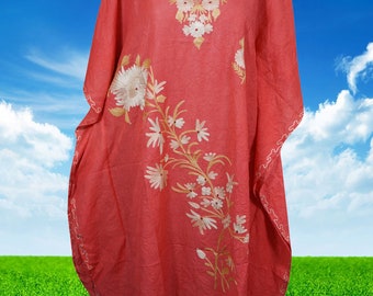 Women's Dark Red Muumuu Caftan Short Dress, Cotton Butterfly Embroidered Kimono Dresses Floral Caftan Party Wear Crepe Boho Kaftan, L-2X
