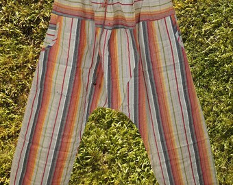 Mens Beach Yoga Pants, Unisex Striped Hippie Pants, Cotton Boho Harem Pants, Pull Up Seersucker Pants with Pockets S/M/L