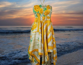 Women's Summer Travel Dresses, Luxe Halter Dress, Yellow Bohemian Recycled Silk, Beach Sundress S/M