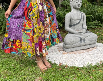 Women Maxi Skirt, Strapless Dresses Green Purple Floral Printed Dress, Summer Beach skirt, Recycled Sari Dresses S/M