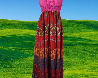 Womens Maxi Dress, Strap Dresses, Pink Flared Sleeveless Dress, Summer Gorgeous Soft Recycle Sari Boho Beach Long Dresses S/M