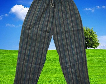 Unisex Yoga Pant, Boho Chic Cotton Pants, Blue Black Stripe Stonewashed Elastic Waist Comfy Pants With Pockets S/M