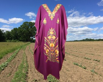 Women's Kaftan Maxi Dress, Purple Boho Fall Maxi Dress, Beach Holidays, Lounger, Cotton Hand Embroidered Lounger Caftans L-2XL One Size