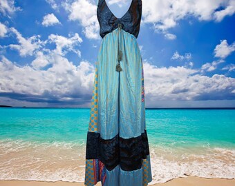 Womens Maxi Dress, UPCYCLED Silk Maxi Dresses, Blue MOJITO Flared Swing Maxi Boho Beach Dress, IBIZA Strapdress, Fall Maxi Dresses S/M/L