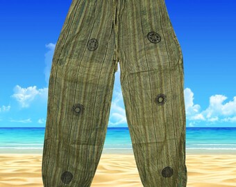 Womens Yoga Pant, Green Stonewashed Elastic Waist Comfy Pants, Boho Chic Cotton Pants, With Pockets S/M