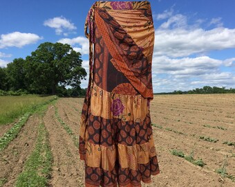 Boho Wrap Skirt for Women, Orange Black Ruffle Wrap Skirt, Tiered Maxi Wrap Skirts, Wrap Skirt with Ties, Long Skirt, Flounce Skirt One size