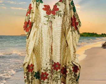 Women Recycled Sari Kaftan Dress, Mindful Fashion, Beige Travel Fashion, Resort Wear, Midi Kaftan Dress, Beach Cover up SML