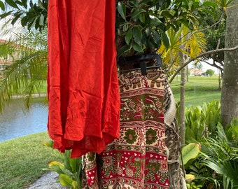 Women's Printed Wrap Skirt Hippie Boho Chic Cotton Skirts With Red Embroidered Beach TOP 2Pc S/M