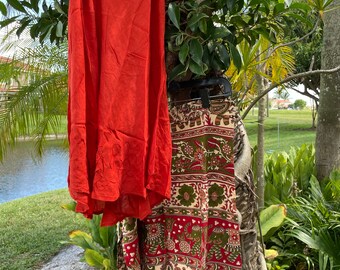 Women's Printed Wrap Skirt Hippie Boho Chic Cotton Skirts With Red Embroidered Beach TOP 2Pc S/M