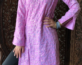 Womens Tunic Dress Pink Sequin Embroidered cotton Summer Bohemian Gypsy chic Blouse Kurti