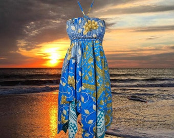 Womens Summer Travel Dresses, Blue Boho Beach Dress, Halter Dresses, Printed Recycled Silk Dress, S/M