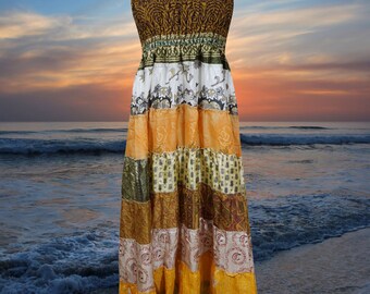 Womens Bohemian Maxi Dress, Spaghetti Strap Yellow Brown Printed Handmade Dress, Recycle Sari Empire Waist Beach Style Sundress S/M