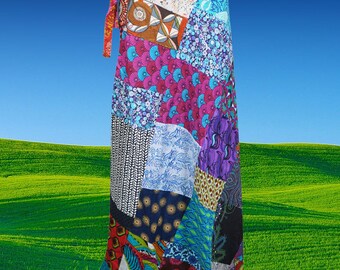 Womens Wrap Skirt, Bohemian Gypsychic Wrap Skirt, Blue Purple Patchwork Printed Cotton Cover Up Summer Skirts One size
