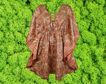 Womens Summer Caftan Short Dress, Cruise Recycle Sari Dresses, Peach Floral Print Kaftan, Travel Summer Beach Dress, M-XL One Size