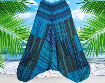 Hippie Renaissance Faire Alladin Pant, Blue Stripe Patches Boho Pants, Trousers, Stonewashed Cotton, Yoga Pant, S/M/L
