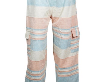 Women's Hippie Pants Beige Stripes HANDLOOM COTTON Side Pocket Yoga Pajamas S/M