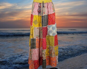 Womens Maxi Patchwork Skirt, Pink Red Hippie Patchwork Skirts, Boho Skirt, Upcycled Skirt, Handmade, Vintage Style, Long Skirt S/M/L