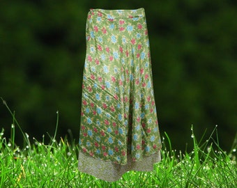 Womens Magic Wrap Skirt, Green floral Printed, Double Layers Ankle Length Wrap Skirts, Recycled Sari Wrap Skirt One size
