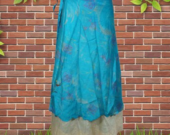 Womens Wrap Skirt, Bohemian Clothing, Midi Blue Floral Skirt, Beach Cover Up, Silk Sari Magic Wrap Around Skirts One size