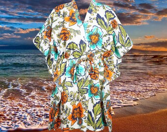 Womens Handmade Cotton Short Kaftan, Orange Blue Sandy Beaches Floral Print Caftan, Travel Fashion, Beach kaftan, Resort Wear One size L-3XL