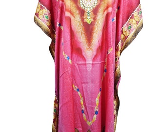 Womens Soft Maxi Caftan Dresses V Neck Kimono Kaftan Jeweled Beautiful Pink Resort Beach Boho Dress ONE SIZE