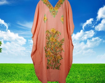 Womens Embroidered Kashmiri Kaftan Long Dress, Coral Peach Floral Embroidery Caftan Maxi Dress, Oversize Handmade Dress, Gift One Size L-2XL