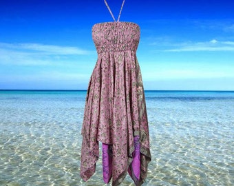 Womens Summer Boho Sundress, Halter Dresses, Pink gray Summer Dress, Printed Handkerchief Hem Upcycled Silk Sari Beach Halter Dress S/M