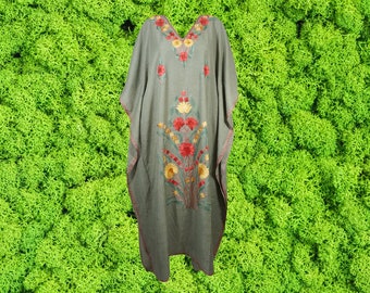 Womens Caftan Embroidered Kaftan Maxi Dress, Flowy Khaki Housedress Caftan, Bohemian RESORT WEAR GIFTS L-2XL