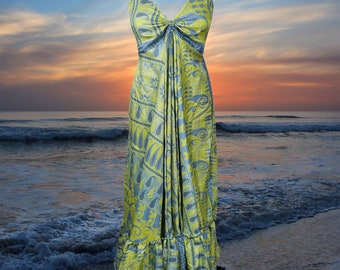 Womens Strap Boho Beach Maxi Dress, Summer Maxi Dress, Halter Dresses, Gray Green Printed Swing Recycle Silk Handmade Dresses S/M