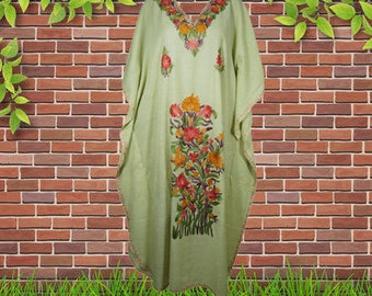 Womens Maxi Kaftan Dresses, Green Embroidered Dress, Travel Gifts, Handmade Boho Dress, Resort Wear, Beach Caftan Dress, One size, L-2XL