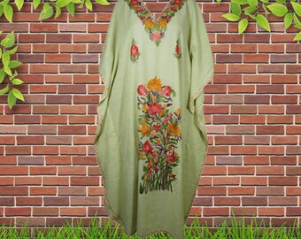 Womens Maxi Kaftan Dresses, Green Embroidered Dress, Travel Gifts, Handmade Boho Dress, Resort Wear, Beach Caftan Dress, One size, L-2XL