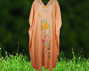 Womens Embroidered Kashmiri Kaftan Long Dress, Peach Floral Embroidery Caftan Maxi Dress, Oversize Handmade Dress, Gift One Size L-2XL