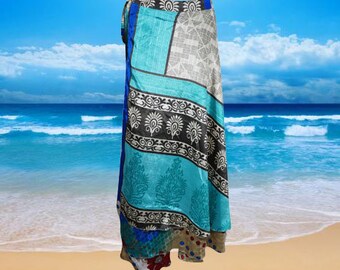 Wrap Long Skirt, Blue Printed Silk sari wrap skirt, Beach Skirt, Reversible saree skirt, one size silk wrap skirt with tie, gift